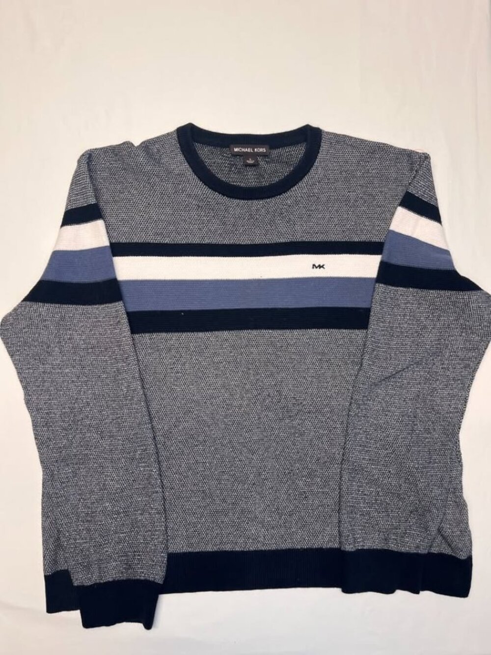 Men's Michael Kors Crewneck Sweater Striped Knit - Navy Grey Size Large